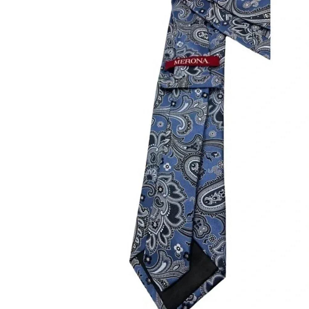 Merona 100% Silk Neck Tie Necktie‎ Slim Plaid Blue Paisley 3.5 x 58 inches​​​